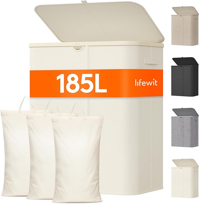 Lifewit 185L Large 3 Section Laundry Hamper with Lid, Plastic Laundry Basket with Bamboo Handles and Removable Bags, Tall Foldable Clothes Hamper for Bathroom Bedroom, White