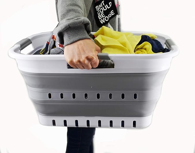 SAMMART 30L (8 gallon) Collapsible 3 Handled Plastic Laundry Basket - Foldable Pop Up Storage Container/Organizer - Space Saving Hamper/Basket (White/Grey)
