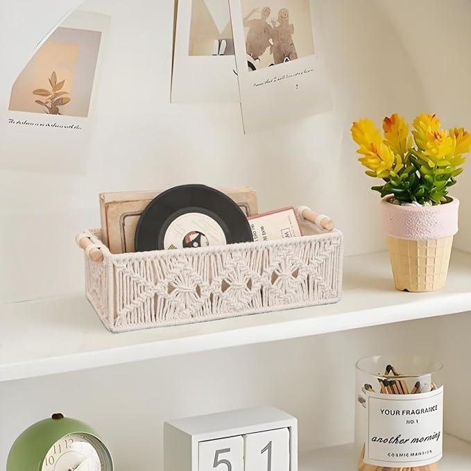 2 Pack Macrame Storage Baskets Boho Decor Basket Handmade Woven,Toilet Paper Storage Basket,Small Baskets For Organizing,Bathroom Organizers And Storage,Bathroom Counter Organizer, Ivory