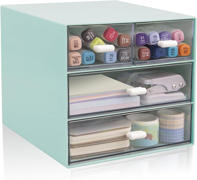 Desk Organizer with Drawer, Office Organizer with 4 Drawers, Desk Storage Box for, Desktop, Dressing table, Office, School, Home, Plastic Box and 4 Acrylic Drawers(Blue)