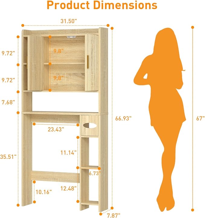 Fluted Over The Toilet Storage Cabinet, Above Toilet Bathroom Organizer with Toilet Paper Holder, Modern Behind Toilet Cabinet, Space Saver for Restroom, Bathroom, Laundry, Natural Oak