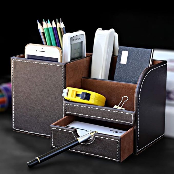 KINGFOM Desk Organizer Office Supplies Caddy Pu Leather Multi-function Storage Box Pen/Pencil,Cell phone, Business Name Cards Remote Control Holder with Small Drawer Brown