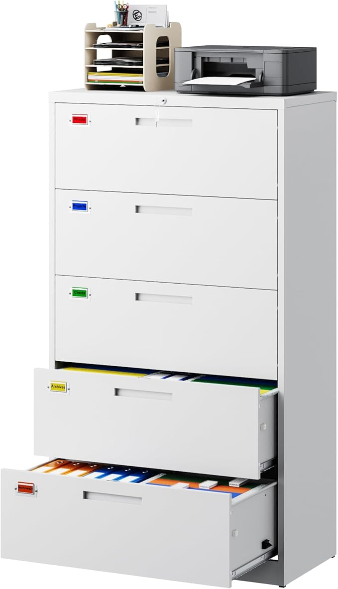 5 Drawer File Cabinet, Lateral Filing Cabinets for Home Office, Office Storage Drawers with Lock, Hanging Files Legal/Letter A4 Size (Assemble Required,White)