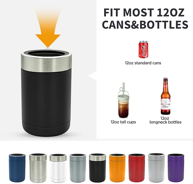TAHOE TRAILS Stainless Steel 12oz Vacuum Insulated Can and Bottle cooler| Double Wall Can Cooler For Cans and Bottles | Copper Plated Can Chiller and Metal Cooler | Black