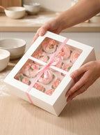 Bakepacker Auto-pop Up Cupcake Boxes with Window White 12PCS 12 Count Cupcake Box 13"x10"x3.5" Cupcakes Carrier, 12 Cupcake Containers with rolls of pink ribbons