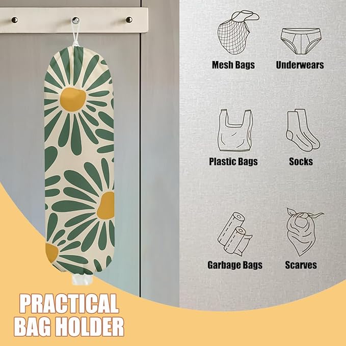 2 Pcs Botanical Plastic Bag Holder, Wall Mount Grocery Bag Holder for Plastic Storage bag, Washable Floral Grocery Bags Organizer Storage Dispenser, Pull Rope Free Adjustment, Flower Gifts for Women