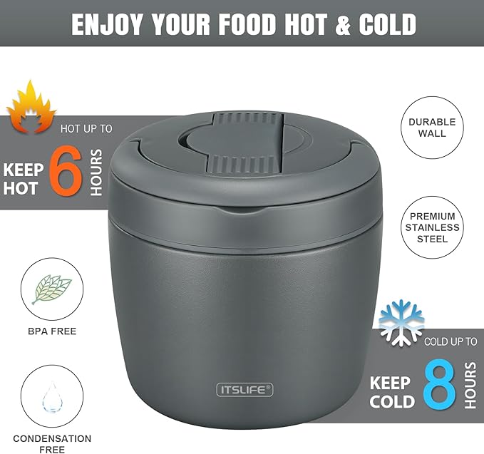 Itslife 32oz Insulated Soup Thermos, Vacuum Stainless Steel Food Jar for Hot & Cold Food, Leakproof Wide Mouth Lunch Container with Spoon, Grey