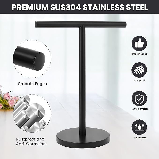 T-Shape Bath Hand Towel Holder Stand, Stainless Steel Free Standing Hand Towel Rack, for Bathroom Kitchen & Countertop, Matte Black