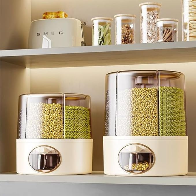 Premium 6-Grid Rotating Food Dispenser with Sealed Lid – 360° Rotation Grain Storage Container for Rice, Beans, Cereal, Peanuts, Barley, and More – Kitchen Pantry Organizer