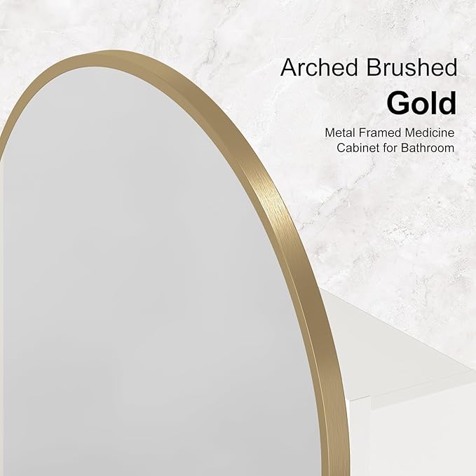 Recessed Medicine Cabinet Mirror,Brushed Gold Arched Medicine Cabinet with Mirror for Bathroom,Metal Edge Mirrored Medicine Cabinets,in Wall Arch Mirrored Cabinets with Storage 16x26 in