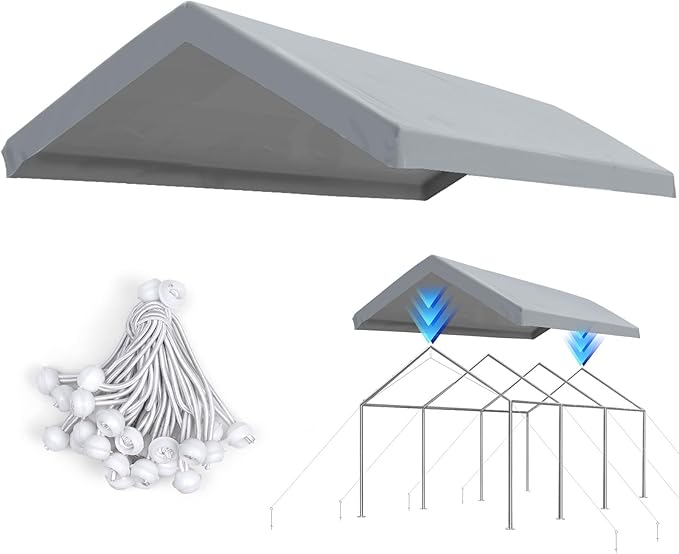 ADVANCE OUTDOOR Replacement Top Cover Tarp for 12x20 ft Carport Canopy with Ball Bungees, Sliver Gray, One Roof Only