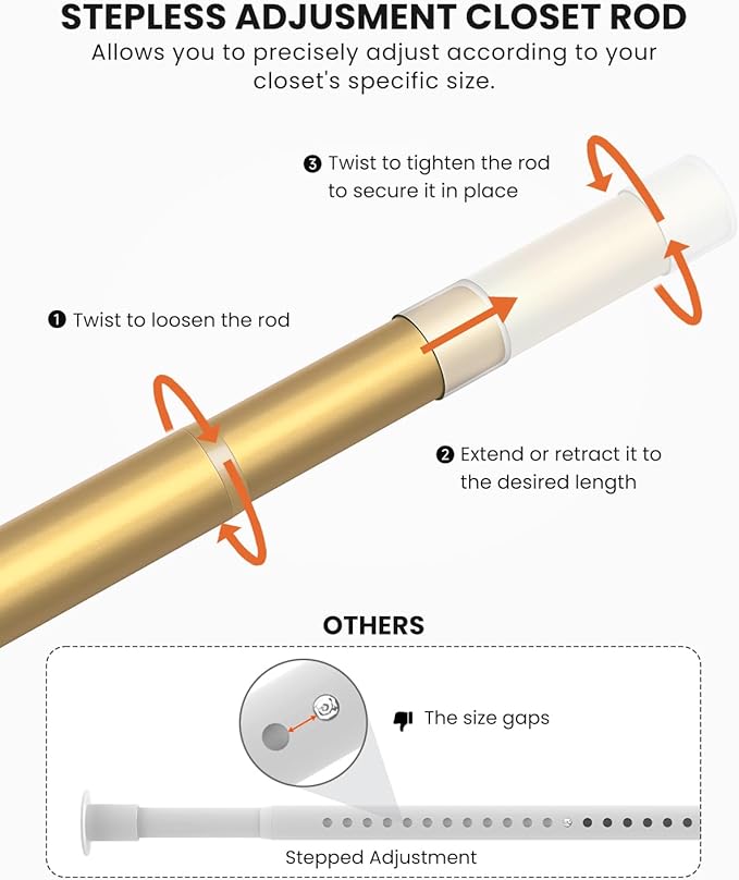 Closet Rods for Hanging Clothes, 17 to 84 Inches Stepless Adjustable Metal Closet Rod, 1.3 Inches Heavy Duty Clothes Hanging Rod for Closet Wardrobes Laundry RV, Golden