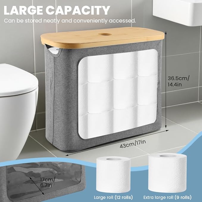 Extra Toilets Roll Storage for 12 Rolls, Toilet Paper Storage with Bamboo Lid, Collapsible Bathroom Toilets Papers Holder Organizer(Color:Grey)