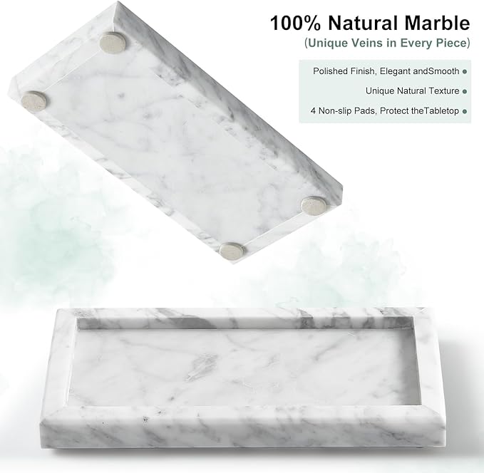 Natural Small Marble Vanity Tray, Luxury Stone Organizer for Bathroom & Kitchen | Holds Soap Dispenser, Jewelry, Perfume | Non-Resin, Non-Ceramic Décor (White, Mini (7.9" x 4.3" x 0.78"))