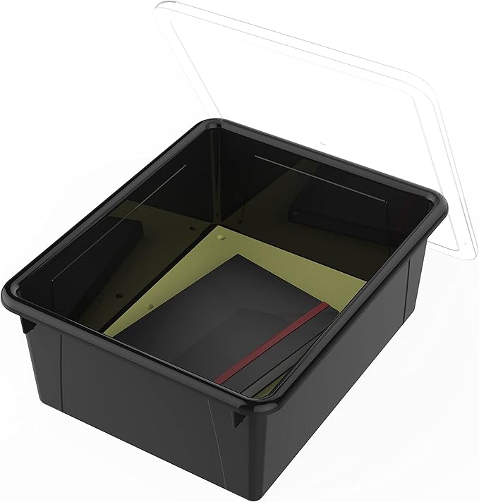 Storex Letter Size Deep Storage Tray – Organizer Bin with Non-Snap Lid for Classroom, Office and Home, Black, 5-Pack (62543A05C), 10 x 13 x 5 Inches