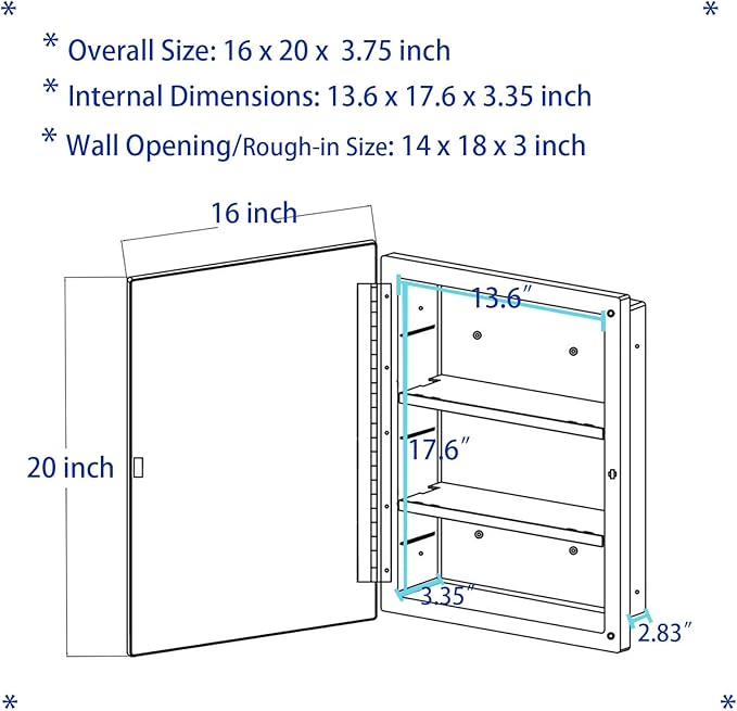 Black Plastic Bathroom Medicine Mirror Cabinet Beveled Edge, 16 x 20 inch, Surface and Recessed Mount