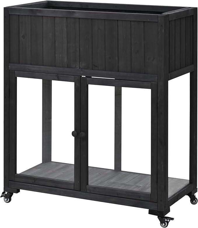 Patio 35.4"x17.7"x37.4" Mini Wood Cold Frame, Compact 2 Doors Garden Greenhouse with Wheels, Raised Bed with Liner for Indoor Outdoor Use, Black