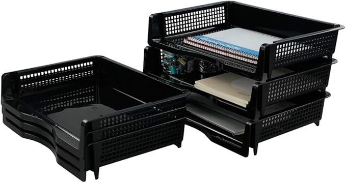 Plastic Stackable File Paper Storage Tray, Office Stackable Letter Tray, Black, 6 Pack