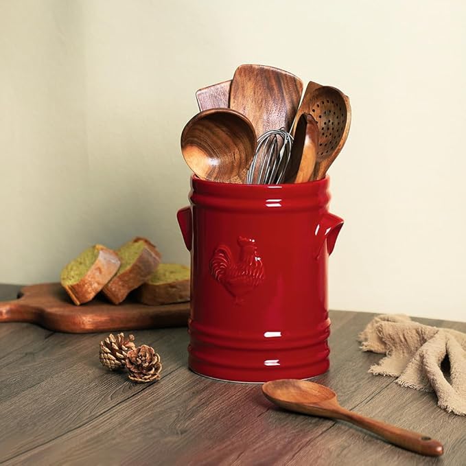 WAIT FLY Embossed Rooster Porcelain Kitchen Utensil Holder Flatware Storage Organizer Utensil Crock for Countertop Kitchen Counter Decor-Red-1 PCS