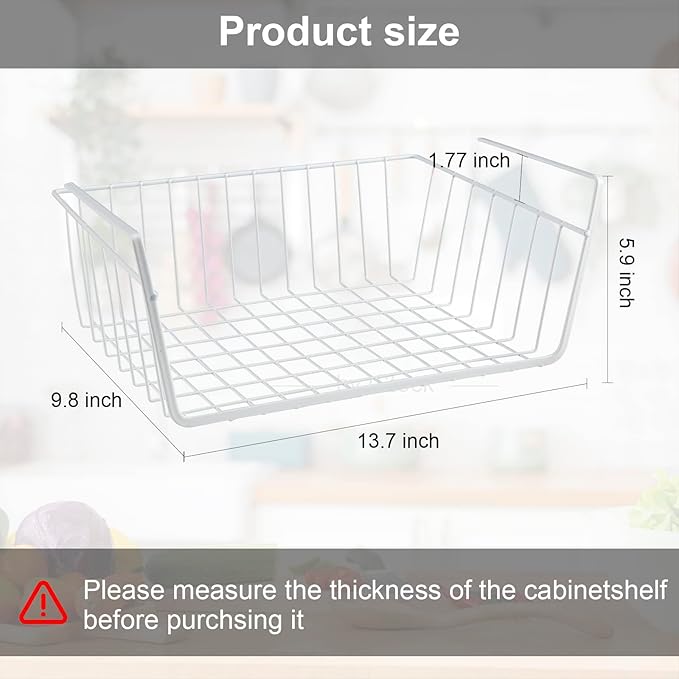 Under Shelf Basket, 2 x Medium Metal Wire Kitchen Storage Basket, Space Saving Sliding Organizer for Pantry, Cabinet & Closet Shelves, 22 lb Capacity, White