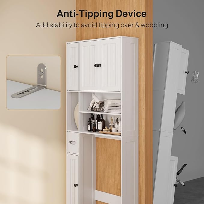 Ahomly Over The Toilet Storage Cabinet, Over Toilet Bathroom Organizer with Adjustable Shelves and Five Doors, Above Toilet Storage Cabinet for Bathroom, Restroom, Laundry, White