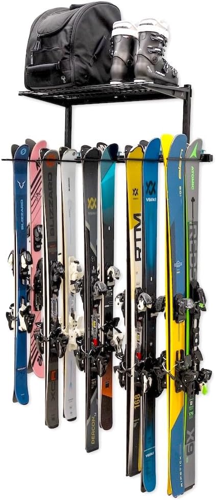 StoreYourBoard Solitude Ski Wired Storage Rack and Shelf, Wall Mount Organizer Holds 10 Pairs of Skis and Accessories, Heavy Duty Supports 300 lbs