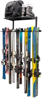 StoreYourBoard Solitude Ski Wired Storage Rack and Shelf, Wall Mount Organizer Holds 10 Pairs of Skis and Accessories, Heavy Duty Supports 300 lbs