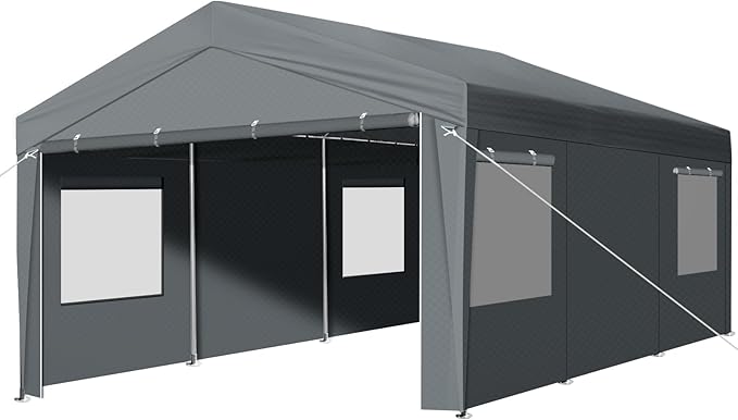 VINGLI 12x20 Carport with Galvanized Steel Frame, Portable Garage with 2 Roll-up Windows & Doors, Removable Sidewalls on Heavy Duty Carport Tents for Cars, Boats, Trucks, Dark Gray
