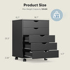 OLIXIS 5 Drawer Mobile File Cabinet Under Desk Storage Organization with Wheels Vertical Filing Chest Rolling Wood Small Desk Printer Stand for Home Office, 15.75"D x 18.74"W x 25.39"H, Black
