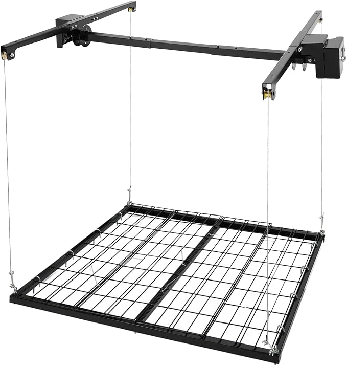 Overhead Garage Storage Rack, 4x4Ft Ceiling Storage Lift 96in Adjustable Height Garage Storage Organization Systerm, Heavy Duty Metal Garages Ceiling Storage Racks, 250lbs Load Capacity (Matte Black1)