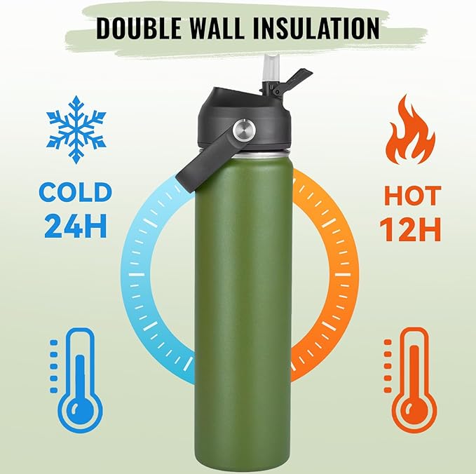 24oz Insulated Stainless Steel Water Bottle, Wide Mouth Double Wall Vacuum, Silicone Straw, Sweat & Leak Proof, BPA Free Insulated Water Flask for Travel, Keep Cold 24h Hot 12h, Green