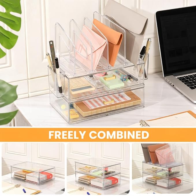Acrylic Desk Organizer with Drawer, Office Supplies,Organization Storage, 2 PC Drawer Organizer with 4 File Sorter, Desk Organizers and Accessories, Clear Acrylic File Organizer