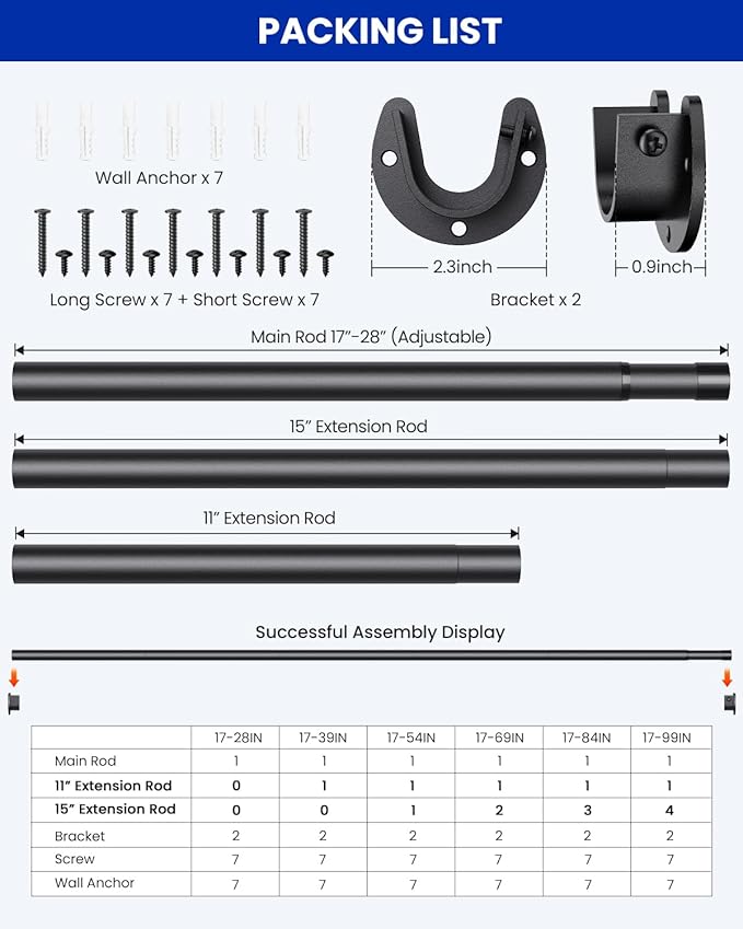 2 PACK Closet Rods for Hanging Clothes, 17 to 54 Inches Stepless Adjustable Metal Closet Rod, 1.3 Inches Heavy Duty Clothes Hanging Rod for Closet Wardrobes Laundry RV, Black