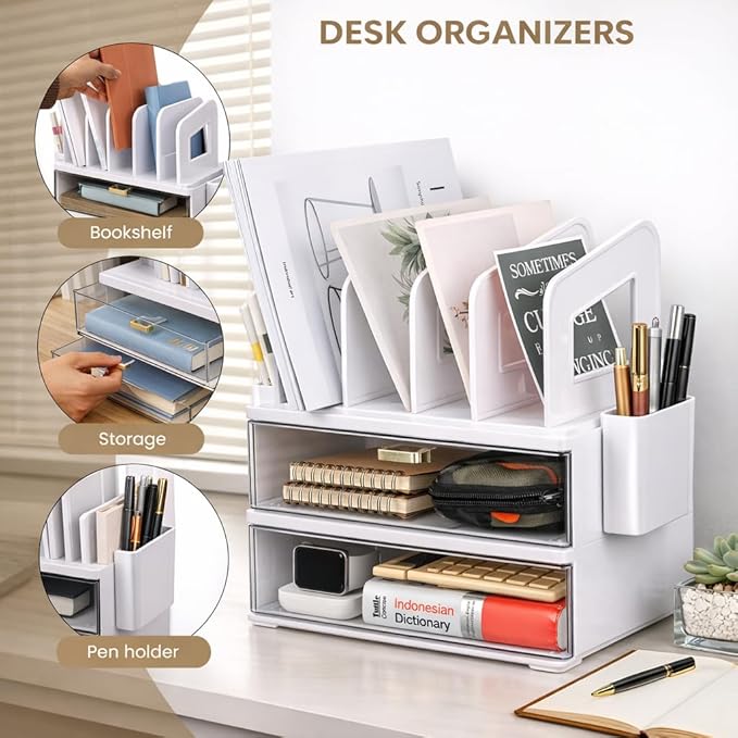 Acrylic Desk Organizer with Drawer and Vertical File Holder, Desk Organizers and Accessories, Multi-Functional Office Supplies Organizer for Home or Work Desk, White