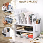Acrylic Desk Organizer with Drawer and Vertical File Holder, Desk Organizers and Accessories, Multi-Functional Office Supplies Organizer for Home or Work Desk, White