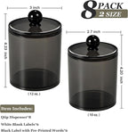 SheeChung 8-Pack Qtip Holder,Black Acrylic Canister Apothecary Jars with Lids & 12 Labels - (4) 10oz & (4) 12oz Plastic Canisters Bathroom Storage Set - Shatterproof Qtip Holder for Home Organization