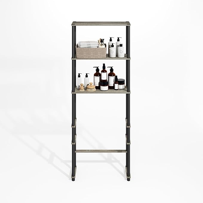 Furinno Turn-N-Tube Over The Toilet Storage, 3-Shelf Over The Toilet Organizer, Freestanding Space Saver Bathroom Shelf, for Bathroom Organizers and Storage, Grey Oak
