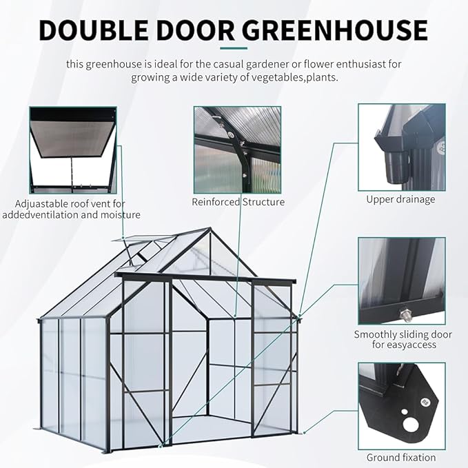 Double Sliding Door Polycarbonate Greenhouse with Rain Gutter and Roof Vent, Raised Base and Anchor Aluminum Heavy Duty Walk-in Green House, Outdoor Patio Sunroom (Black, 73.75*94.5*89.5in)