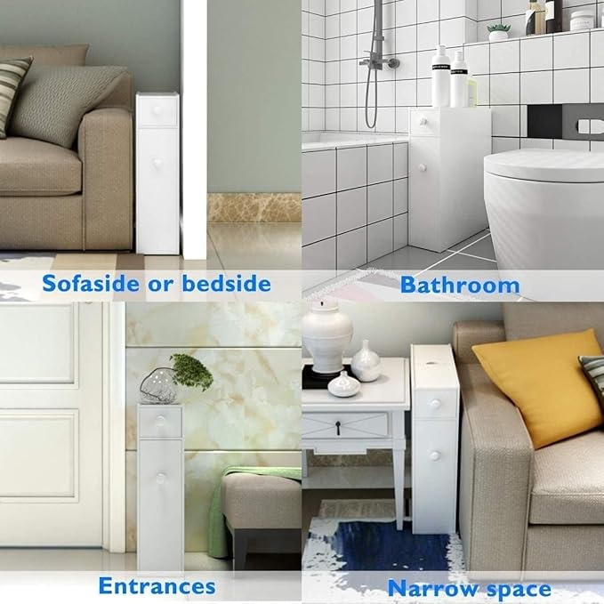 White Slim Bathroom Cabinet Toilet Paper Storage, 18.89”D X 22.83”H X 6.69”W Free Standing Under Sink And Slide Out Drawer Organizer - Narrow Cabinets Shelves For Pantry, Kitchen