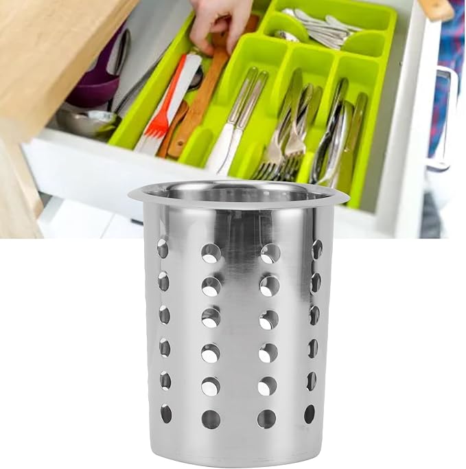 Tyenaza Stainless Steel Utensil Holder, Multipurpose Large Capacity Kitchen Utensil Holder,Utensil Crocks Organizer for Forks, Spoons, Knives, Kitchenware(with Holes)
