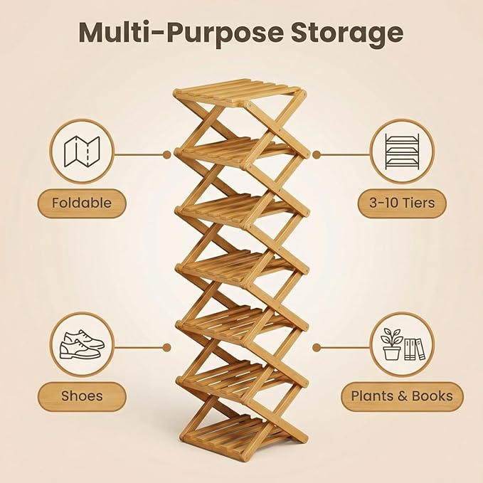 The 9-Tier No-Assembly Bamboo Rack, 3-9 Tiers Bamboo Shoe Rack, Foldable Bamboo Vertical Shoe Organizer, Multifunctional & Space-Saving, For Entryway, Closet, Corner, Bedroom, Hallway (Wood, 4Tiers)