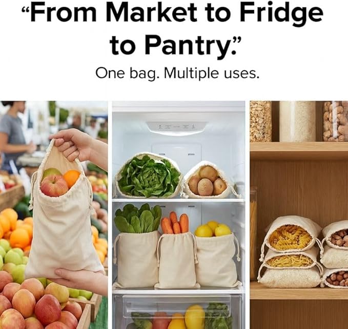 100% Cotton Reusable Vegetable Storage Bags Pack of 3 | Fridge & Kitchen Produce Bags with Drawstring | Eco-Friendly Fruit & Vegetable Storage Bags (1 Large, 1 Medium, 1 Small)