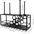 Ceiling Wine Glass Rack, Hanging Wine Rack with Glass Holder and Shelf, 2 Layer Industrial Iron Hanging Wine Bottle Holder, Metal Ceiling Shelf for Bar Cafe Kitchen, 39.4*11.8*15.8in (Black)