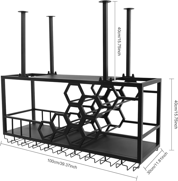 Hanging Wine Rack, 39in Heavy Duty Ceiling Mounted Wine Bottle & Glass Holder, 150lbs Load Capacity Storage Rack, for Bar, Kitchen, Restaurant, Cellar (Black)