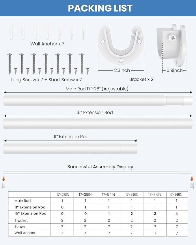 2 PACK Closet Rods for Hanging Clothes, 17 to 54 Inches Stepless Adjustable Metal Closet Rod, 1.3 Inches Heavy Duty Clothes Hanging Rod for Closet Wardrobes Laundry RV, White