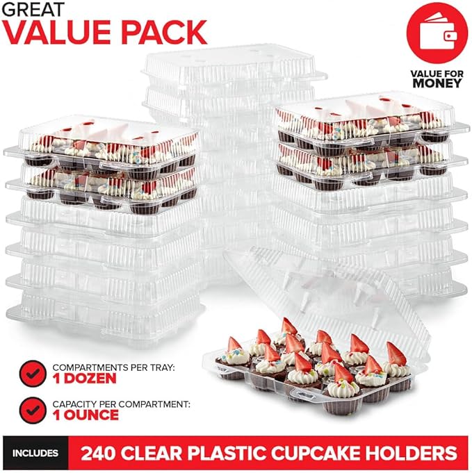 Stock Your Home Mini Disposable Plastic Cupcake Containers (240 Pack) 12 - Count Tray Compartment, Small or Mini Cupcakes Box/Holder/Carrier with Clear Connected Dome Lid, BPA Free