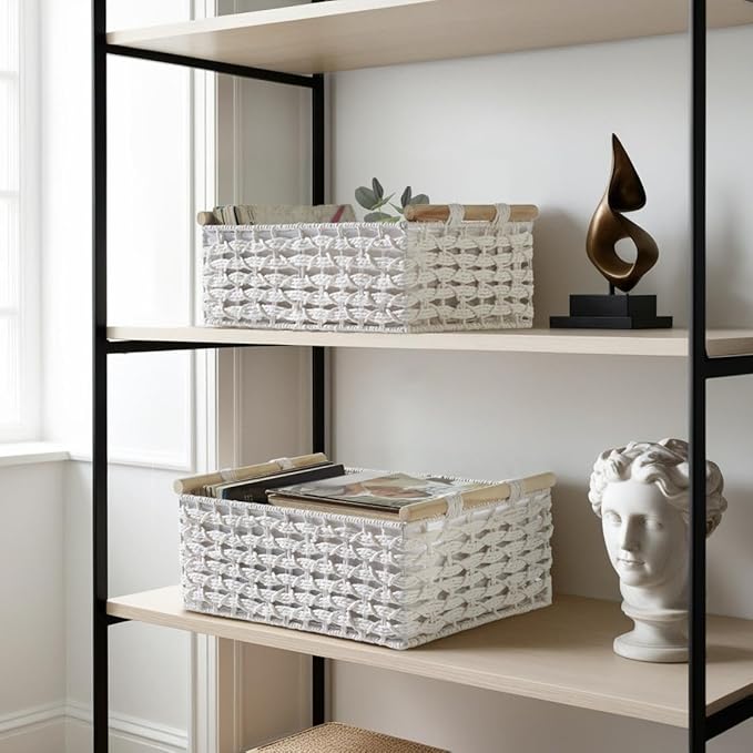 DECOMOMO White Wicker Baskets, Back of Toilet Basket, Bathroom Basket Organizer, Countertop, Home Decor (White, Set of 2)