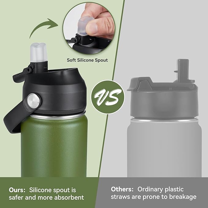 24oz Insulated Stainless Steel Water Bottle, Wide Mouth Double Wall Vacuum, Silicone Straw, Sweat & Leak Proof, BPA Free Insulated Water Flask for Travel, Keep Cold 24h Hot 12h, Green