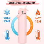 24oz Insulated Stainless Steel Water Bottle, Wide Mouth Double Wall Vacuum, Silicone Straw, Sweat & Leak Proof, BPA Free Insulated Water Flask for Travel, Keep Cold 24h Hot 12h, Coral Pink