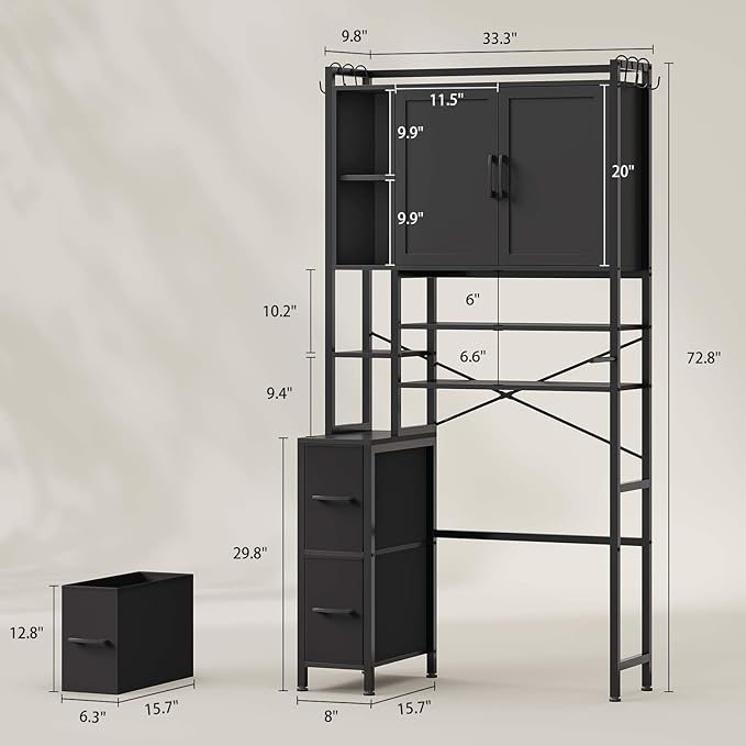 7-Tier Over the Toilet Storage Cabinet with 2 Large Drawers & 6 Hooks, Over the Toilet Storage with Toilet Paper Holder, Bathroom Over Toilet Storage for Bathroom, Laundry Room, Black